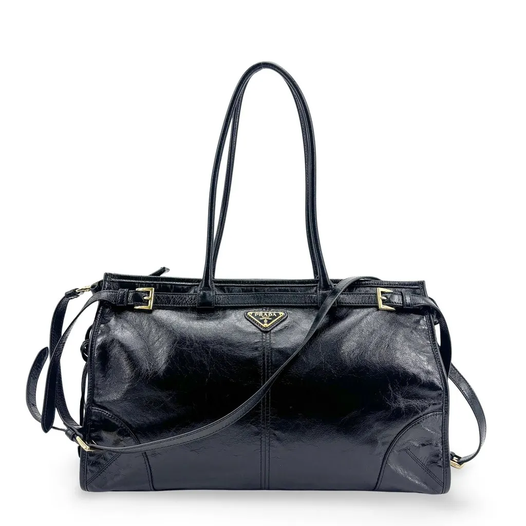 Prada Vitello Shine Buckle Tote Shoulder Bag Black Black Leather Good - Front View