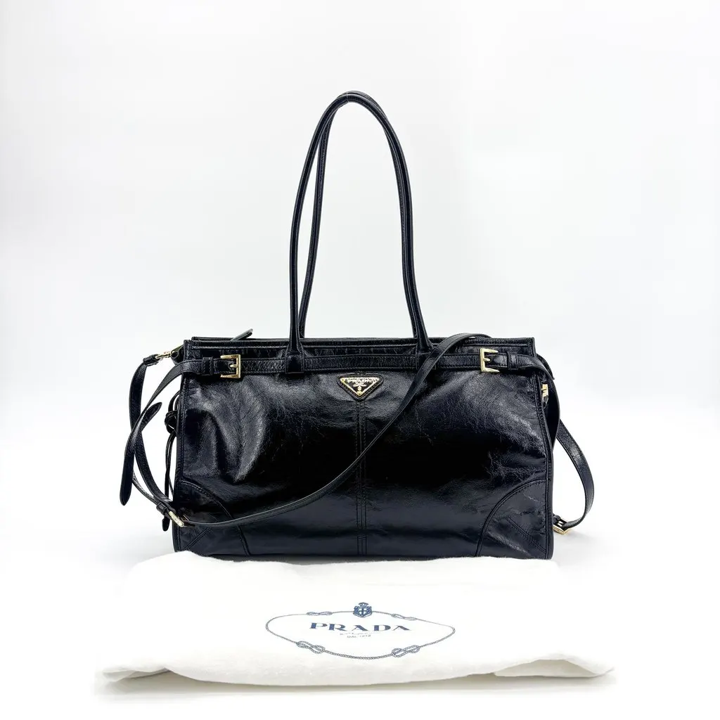 Prada Vitello Shine Buckle Tote Shoulder Bag Black Black Leather Good - Back View