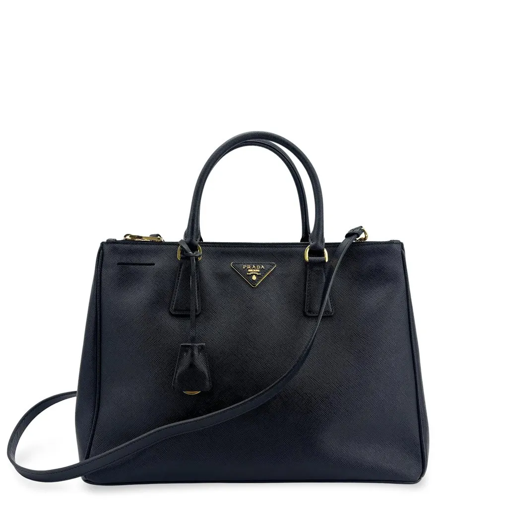 Prada Saffiano Galleria Medium Shoulder Tote Bag Black Gold Black Leather Good - Front View