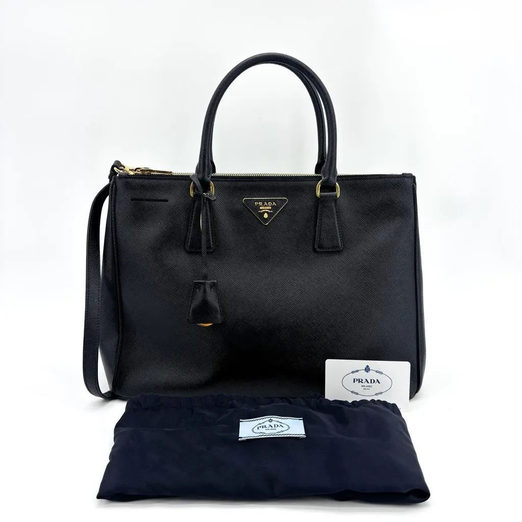 Prada Saffiano Galleria Medium Shoulder Tote Bag Black Gold Black Leather Good - Back View