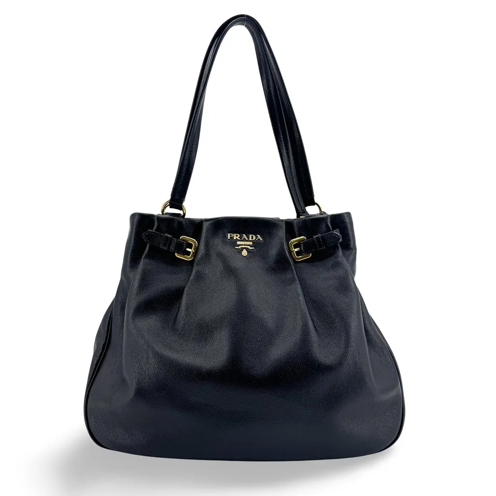 Prada Vitello Phenix Buckle Shoulder Bag Black Gold Black Leather Good - Front View