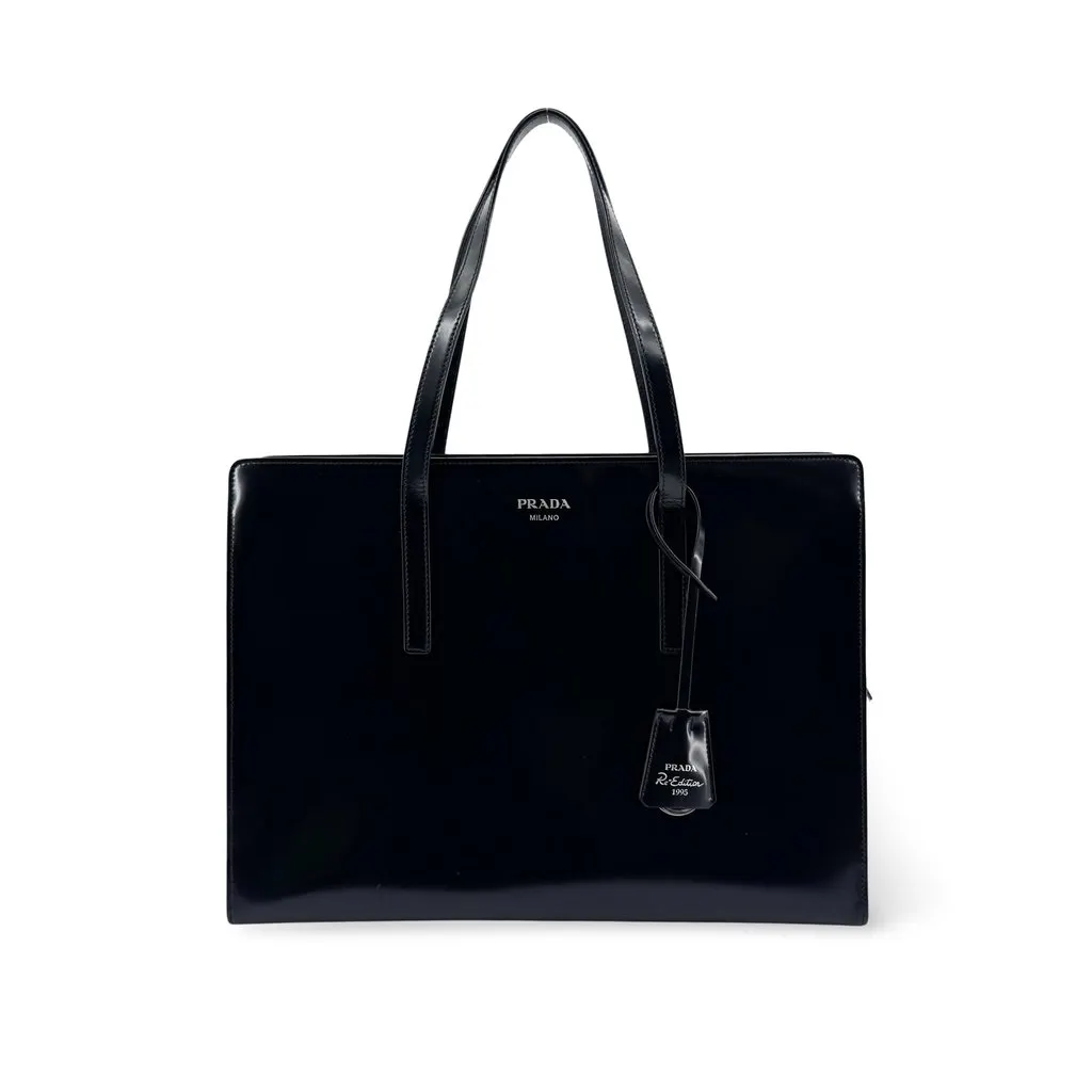 Prada Re-Edition 1995 Brushed Leather Large Handbag Black Black Leather Very good - Front View