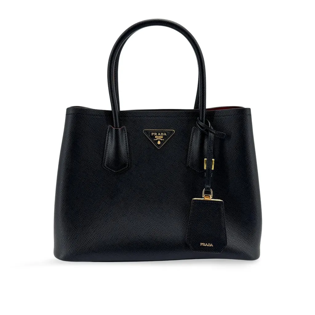 Prada Medium Saffiano Leather Double Bag Black Black Leather Very good - Front View
