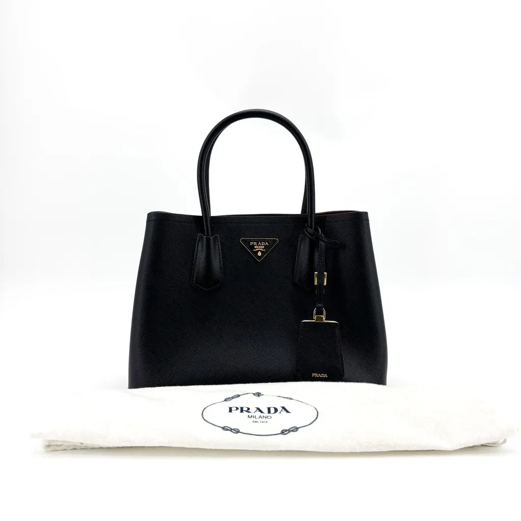 Prada Medium Saffiano Leather Double Bag Black Black Leather Very good - Back View