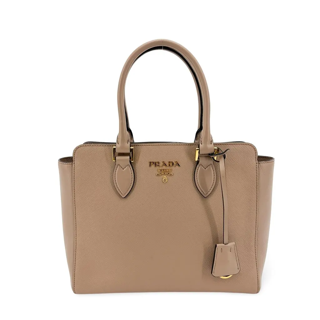 Prada Saffiano Soft Calf Two-Way Tote Bag Cammeo Gold Beige Leather Good - Front View