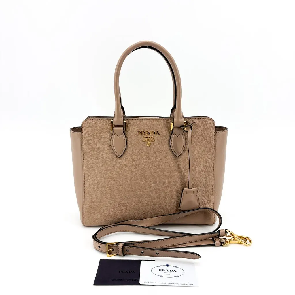 Prada Saffiano Soft Calf Two-Way Tote Bag Cammeo Gold Beige Leather Good - Back View