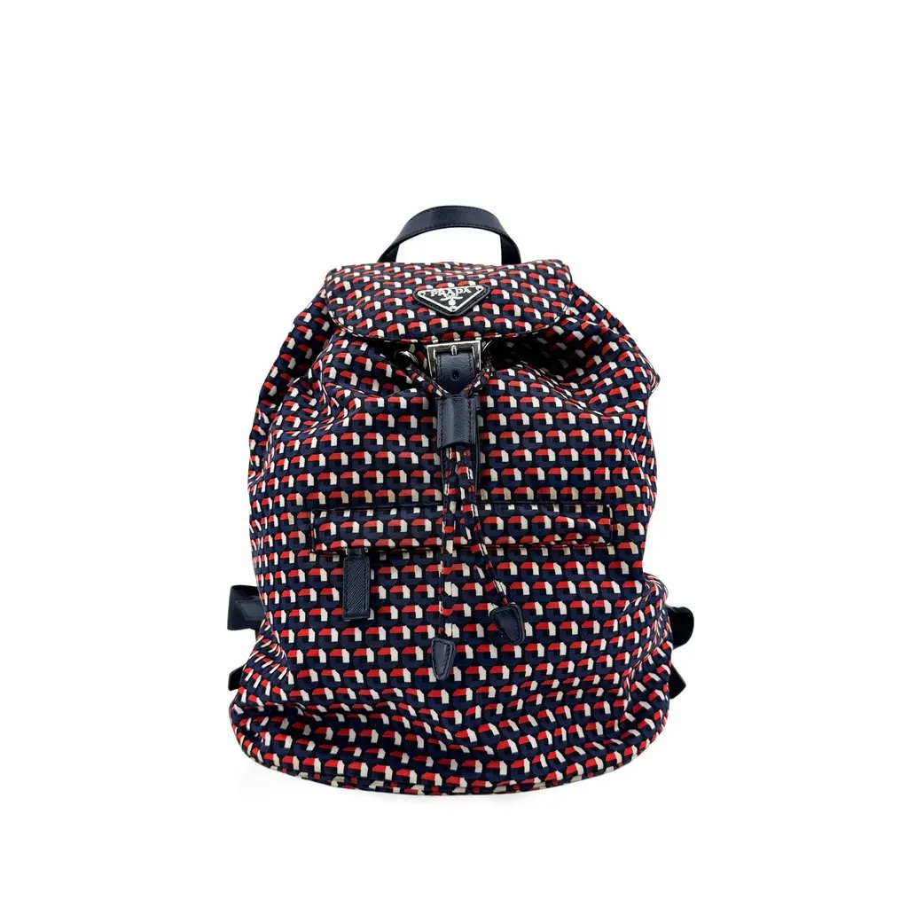 Prada Geometric Print Fabric Backpack Navy Red Beige Leather Good - Front View
