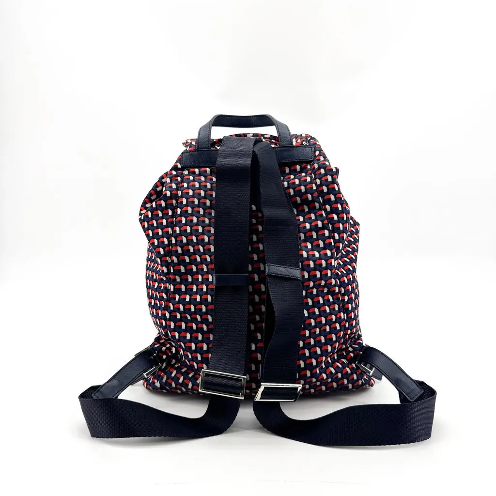 Prada Geometric Print Fabric Backpack Navy Red Beige Leather Good - Back View