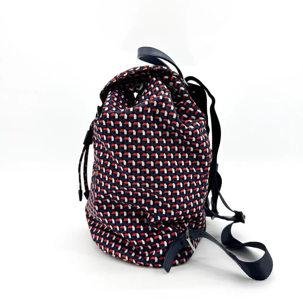 Prada Geometric Print Fabric Backpack Navy Red Beige Leather Good - Inside View