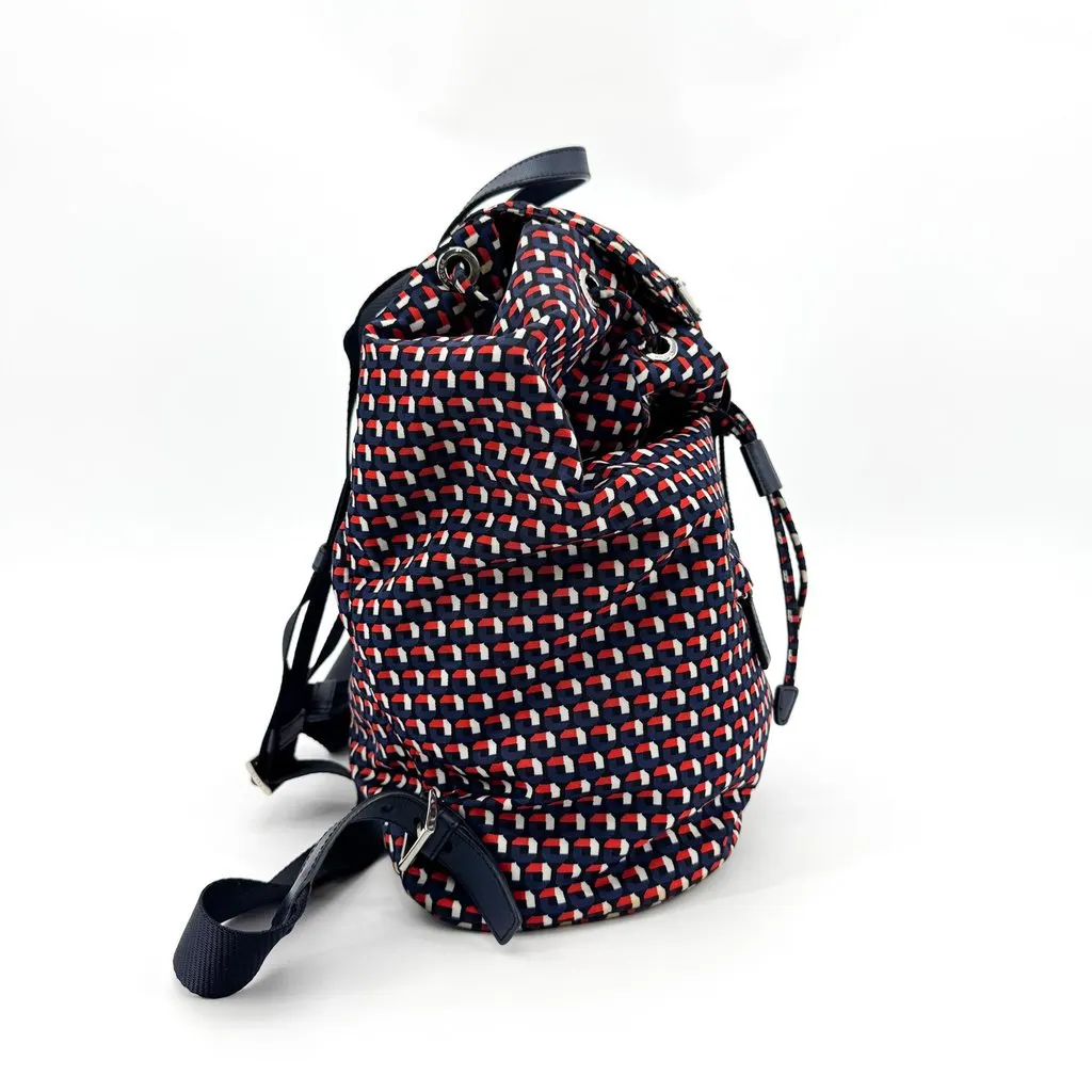 Prada Geometric Print Fabric Backpack Navy Red Beige Leather Good - Model View
