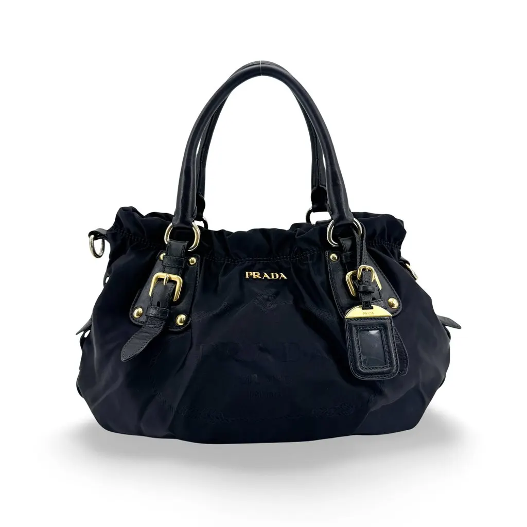 Prada Tessuto Gaufre Nylon Handbag Black Gold Black Polyamide Fair - Front View