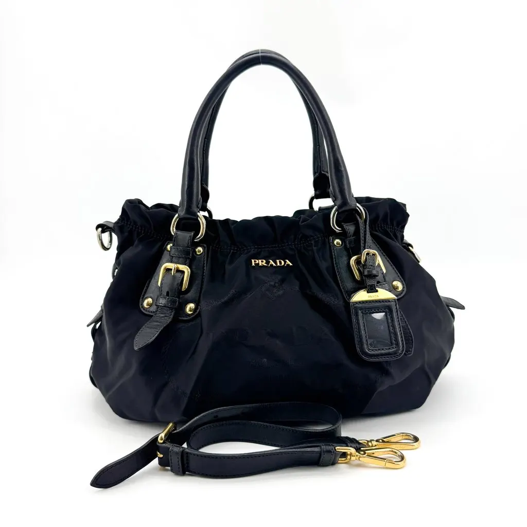 Prada Tessuto Gaufre Nylon Handbag Black Gold Black Polyamide Fair - Back View