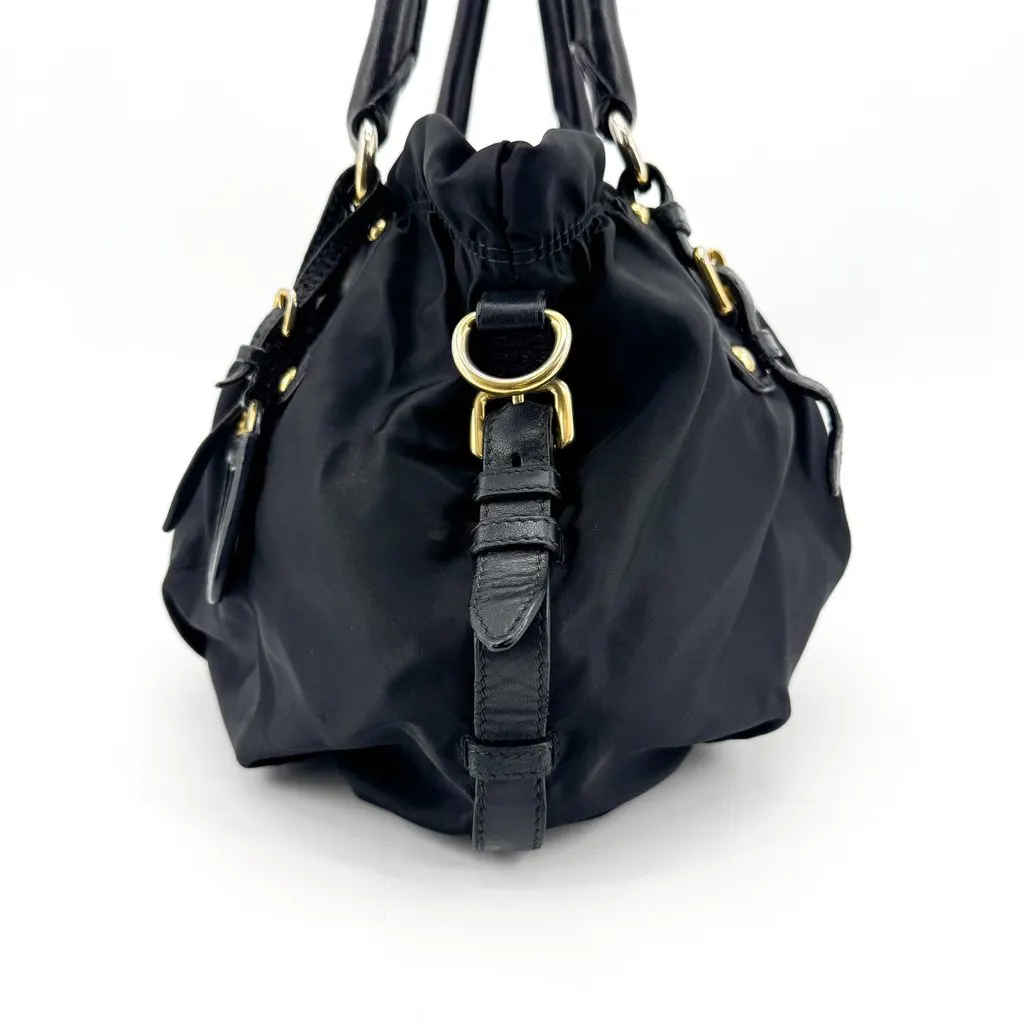 Prada Tessuto Gaufre Nylon Handbag Black Gold Black Polyamide Fair - Model View