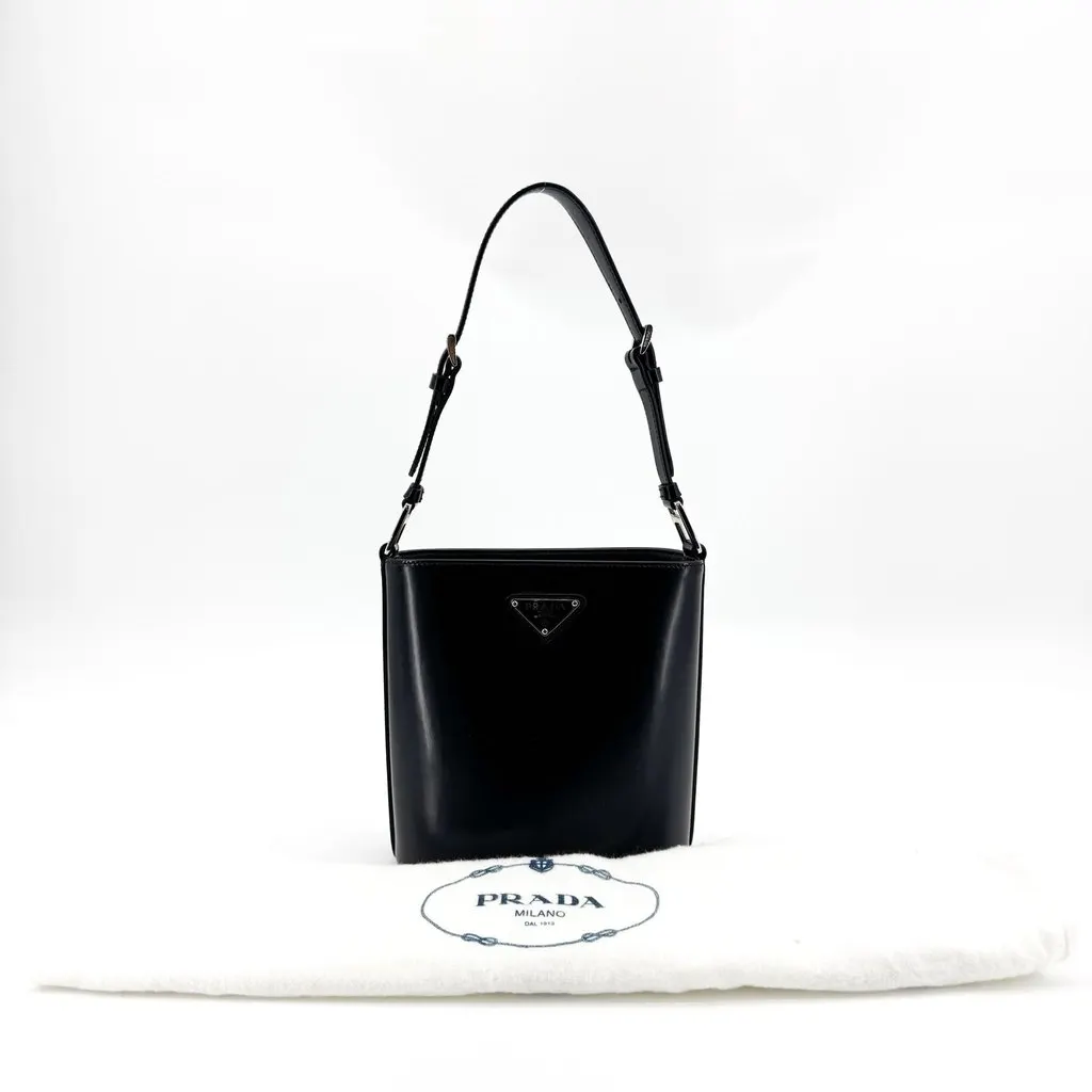 Prada Brushed Leather Bucket Bag Black Black Leather Very good - Back View