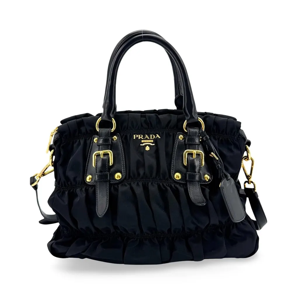 Prada Tessuto Gaufre Ruched 2way Tote Bag Black Gold