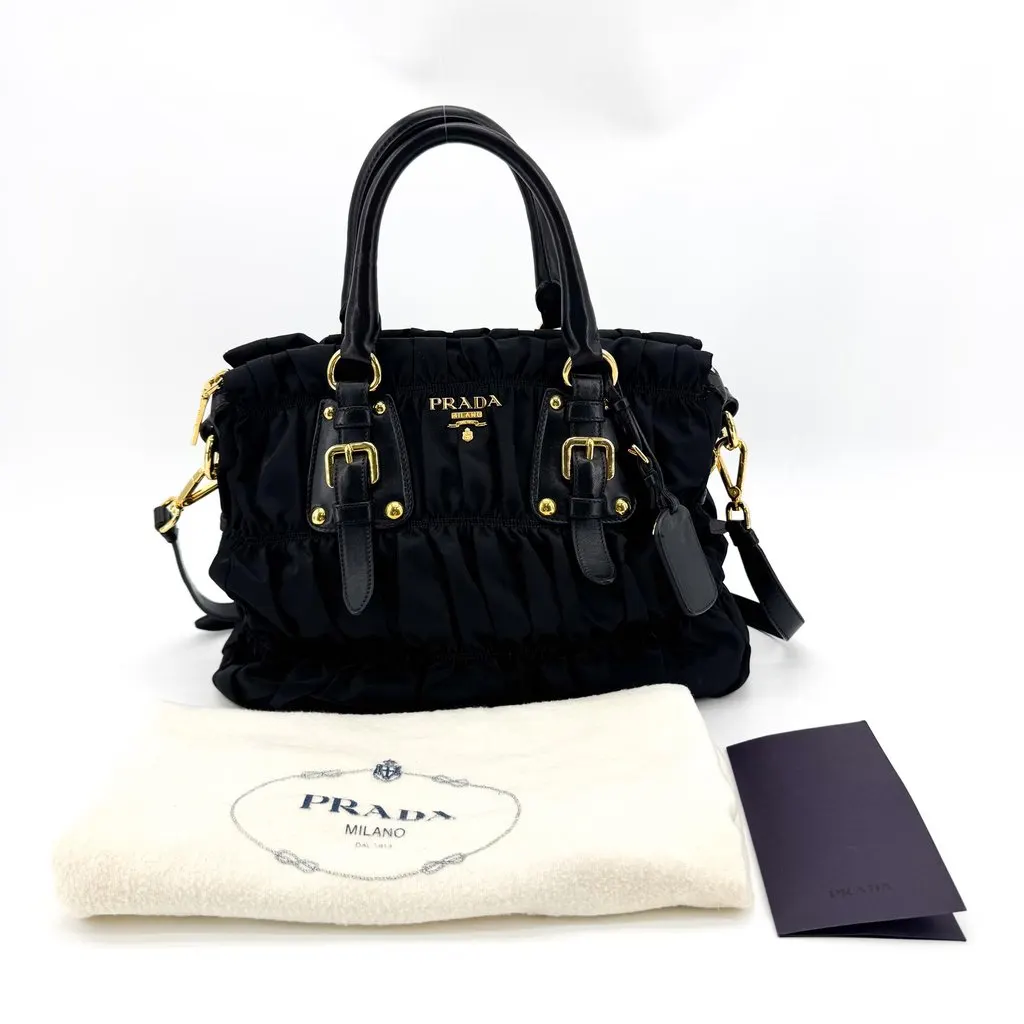 Prada Tessuto Gaufre Ruched 2way Tote Bag Black Gold Black Polyamide Good - Back View