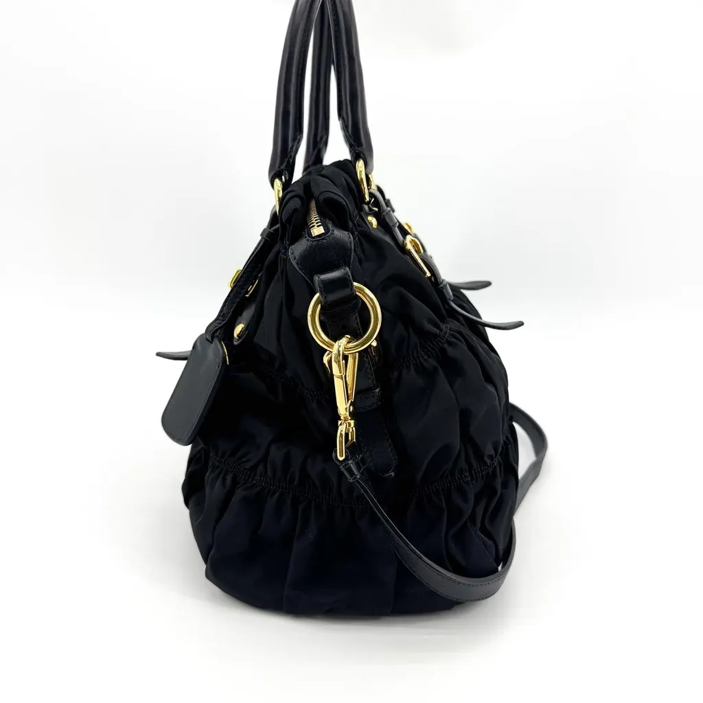 Prada Tessuto Gaufre Ruched 2way Tote Bag Black Gold Black Polyamide Good - Inside View
