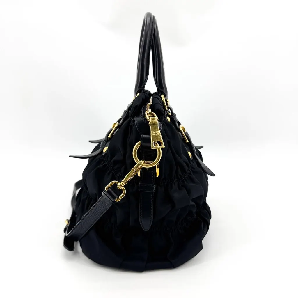 Prada Tessuto Gaufre Ruched 2way Tote Bag Black Gold Black Polyamide Good - Model View