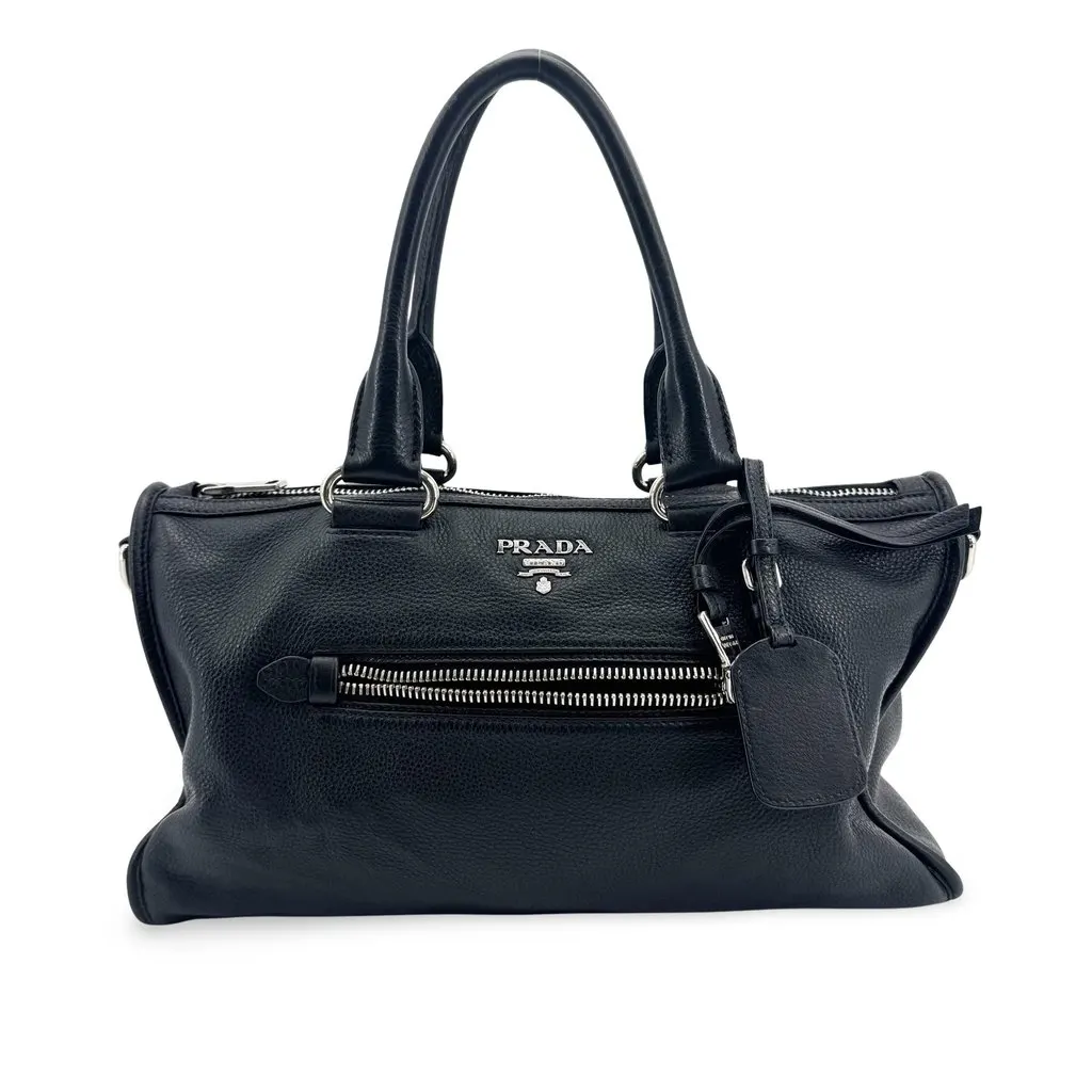 Prada Vitello Phenix Tote Bag Black Black Leather Very good - Front View