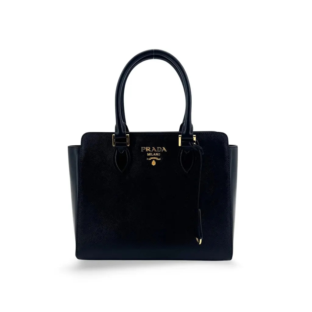 Prada Saffiano Soft Calf Tote Bag Black Gold Black Leather Very good - Front View