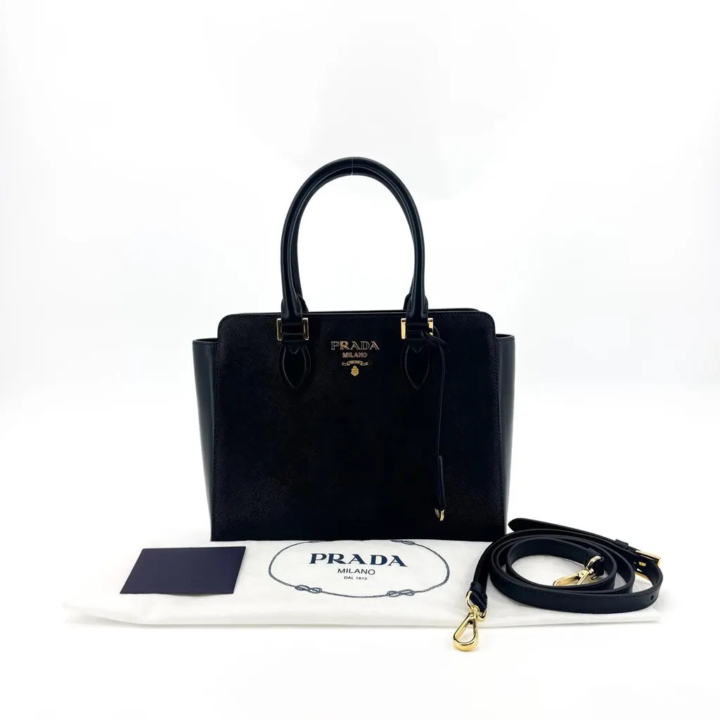 Prada Saffiano Soft Calf Tote Bag Black Gold Black Leather Very good - Back View