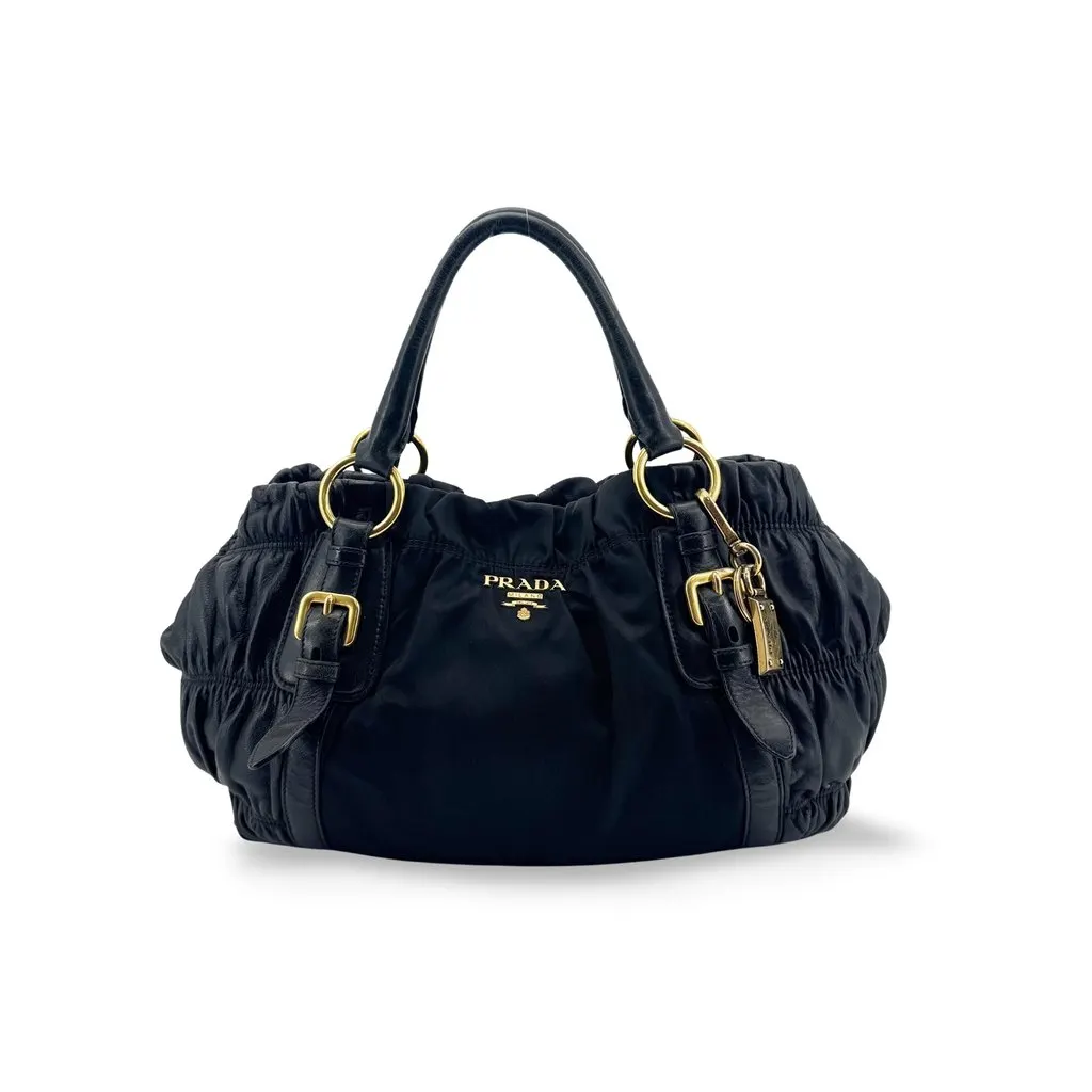 Prada Tessuto Gaufre Handbag Black Gold Black Polyamide Good - Front View