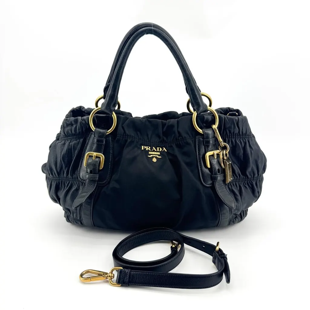 Prada Tessuto Gaufre Handbag Black Gold Black Polyamide Good - Back View
