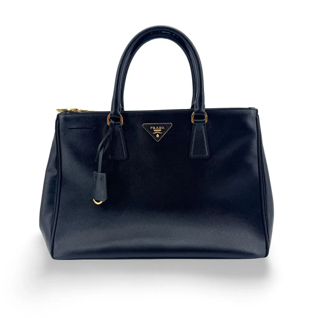 Prada Saffiano Galleria Medium Tote Bag Black Gold Black Leather Very good - Front View