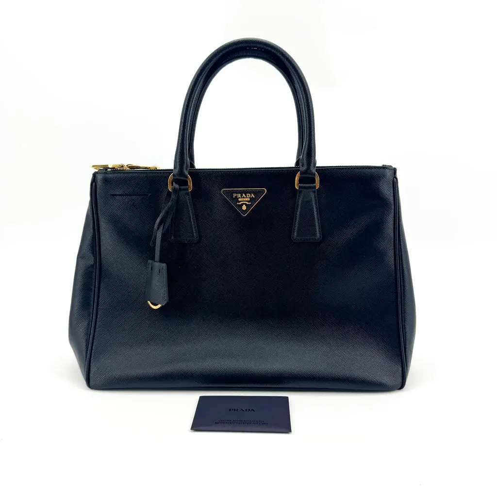 Prada Saffiano Galleria Medium Tote Bag Black Gold Black Leather Very good - Back View