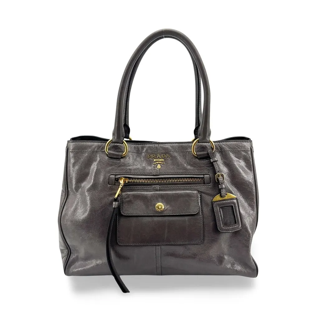 Prada Vitello Shine Tote Bag Dark Gray Gold MultiColor Leather Very good - Front View