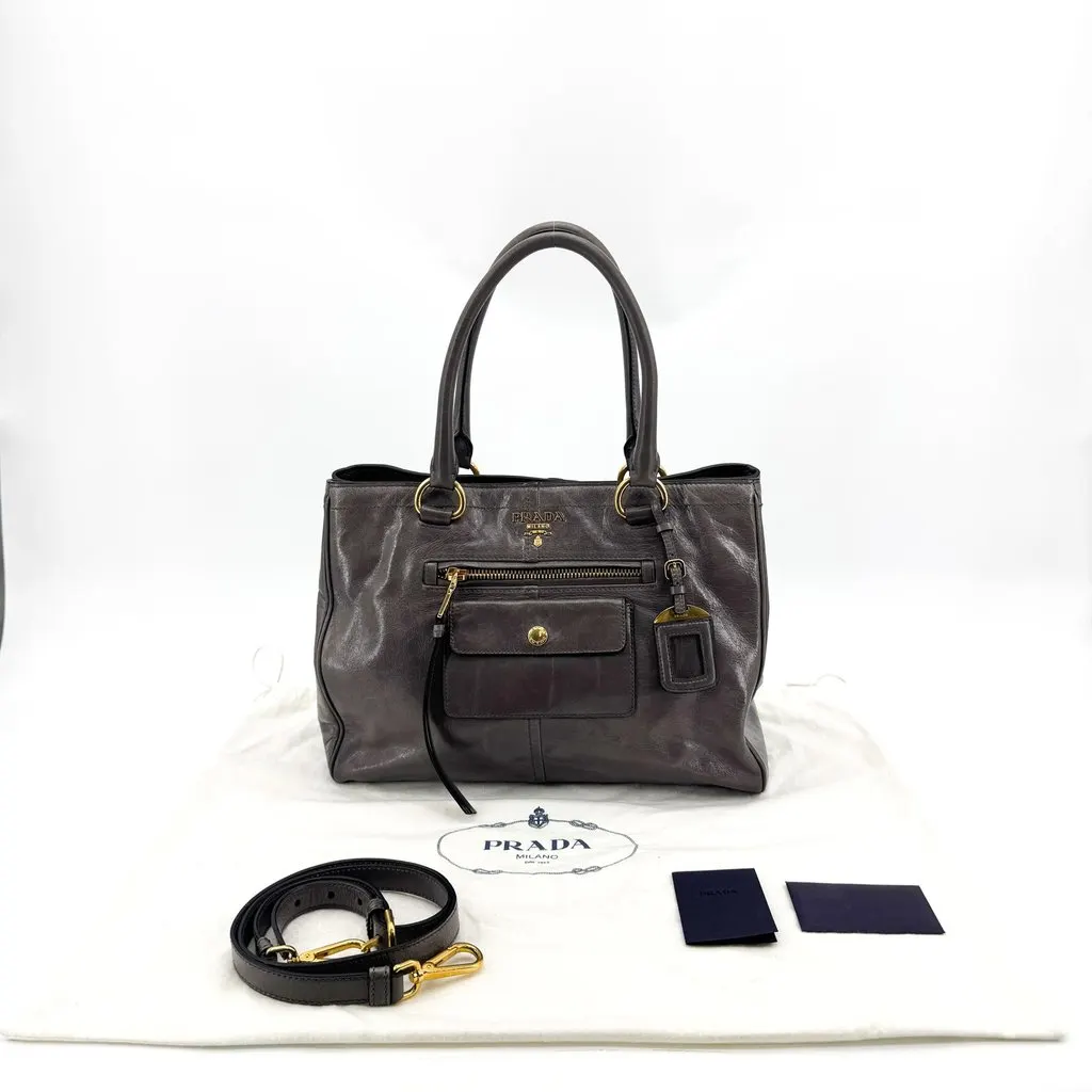 Prada Vitello Shine Tote Bag Dark Gray Gold MultiColor Leather Very good - Back View