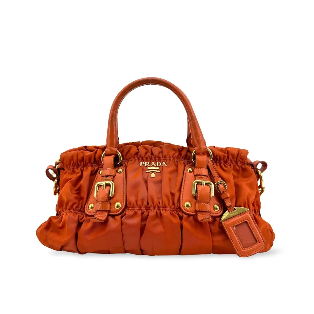 Prada Tessuto Gaufre Ruched Nylon Handbag Orange Orange Polyamide Fair - Front View