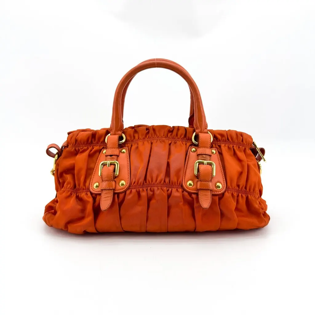 Prada Tessuto Gaufre Ruched Nylon Handbag Orange Orange Polyamide Fair - Back View