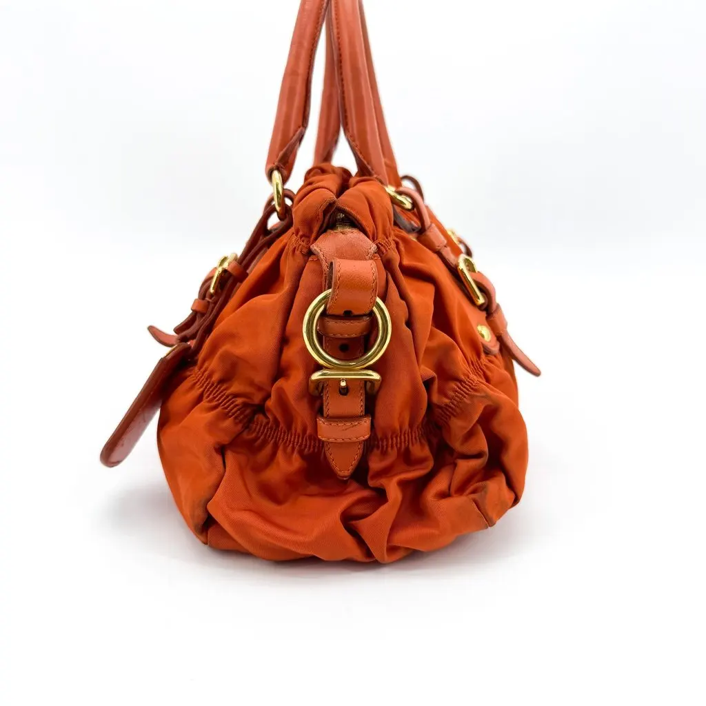 Prada Tessuto Gaufre Ruched Nylon Handbag Orange Orange Polyamide Fair - Inside View