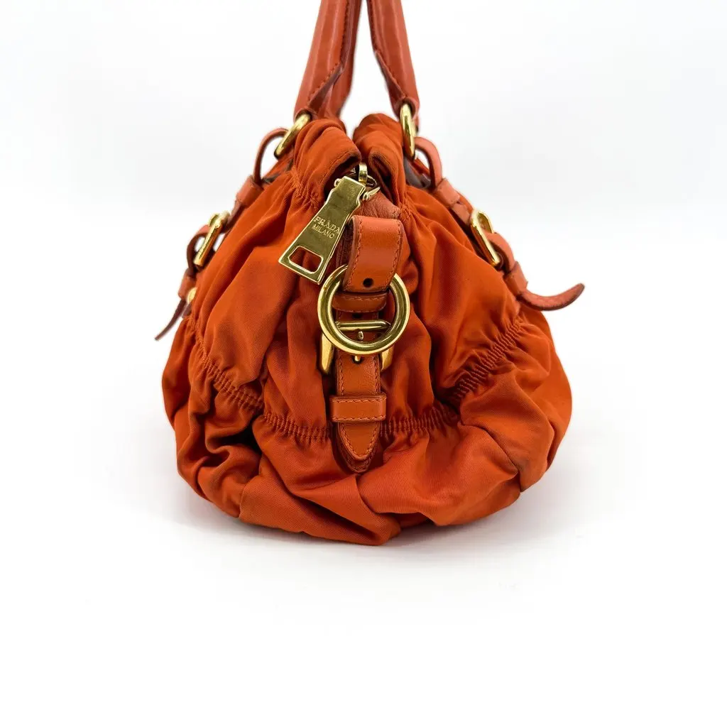 Prada Tessuto Gaufre Ruched Nylon Handbag Orange Orange Polyamide Fair - Model View