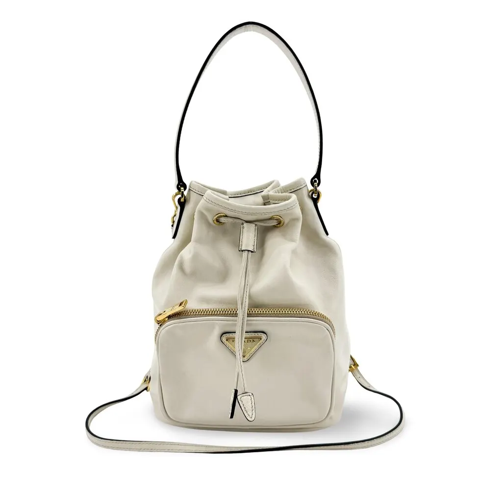 Prada Leather Duet Bucket Bag White Gold White Leather Good - Front View
