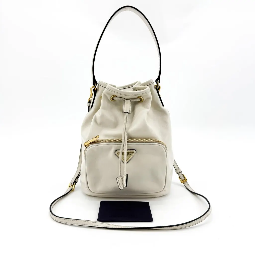 Prada Leather Duet Bucket Bag White Gold White Leather Good - Back View