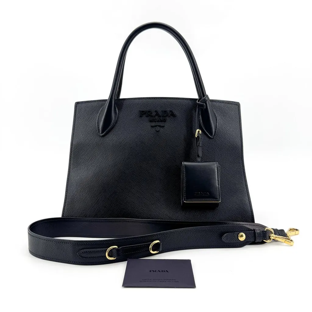 Prada Medium Monochrome Saffiano Leather Bag Black Black Leather Very good - Back View
