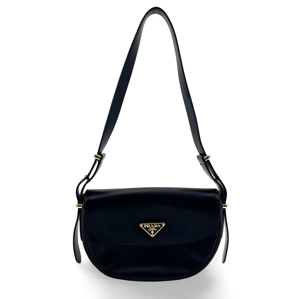Prada Cleo Brushed Leather Flap Shoulder Bag Black Gold Hardware Black Leather Very good - Front View