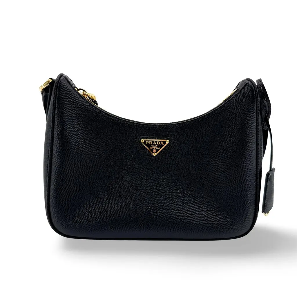 Prada Saffiano Leather Shoulder Bag Black Gold