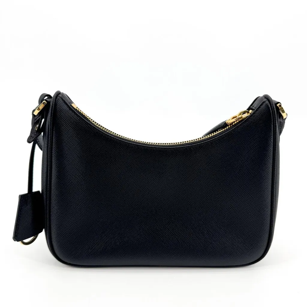 Prada Saffiano Leather Shoulder Bag Black Gold Black Leather Very good - Back View
