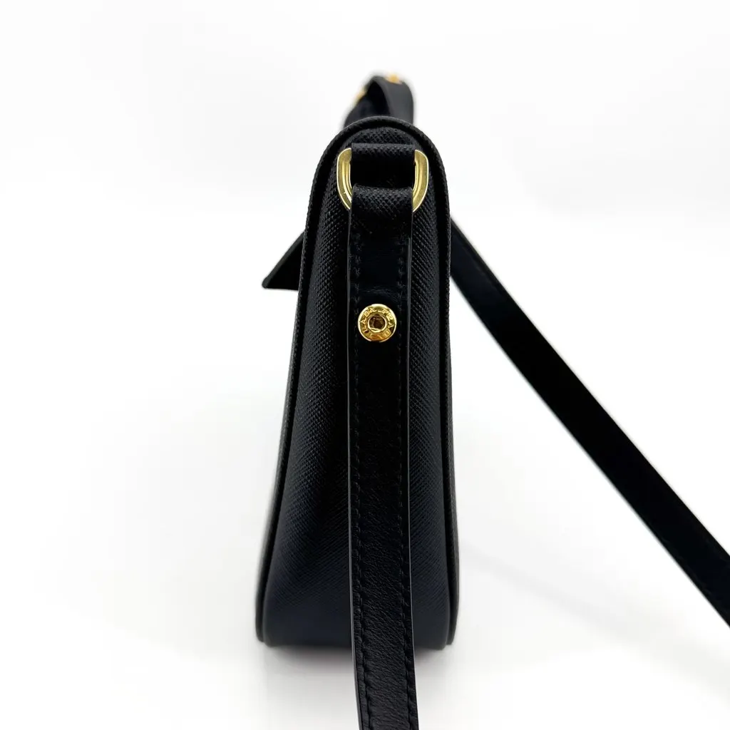 Prada Saffiano Leather Shoulder Bag Black Gold Black Leather Very good - Model View