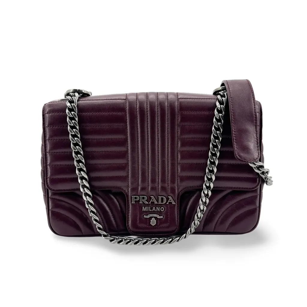 Prada Diagramme Medium Shoulder Bag Burgundy Silver Burgundy Leather Good - Front View