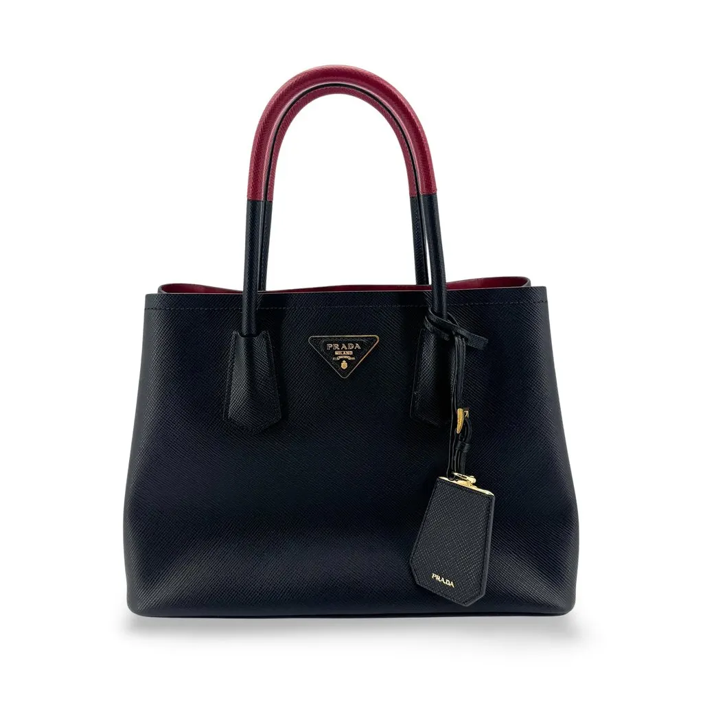 Prada Saffiano Double Medium Tote Bag in Black and Red Black Leather Very good - Front View