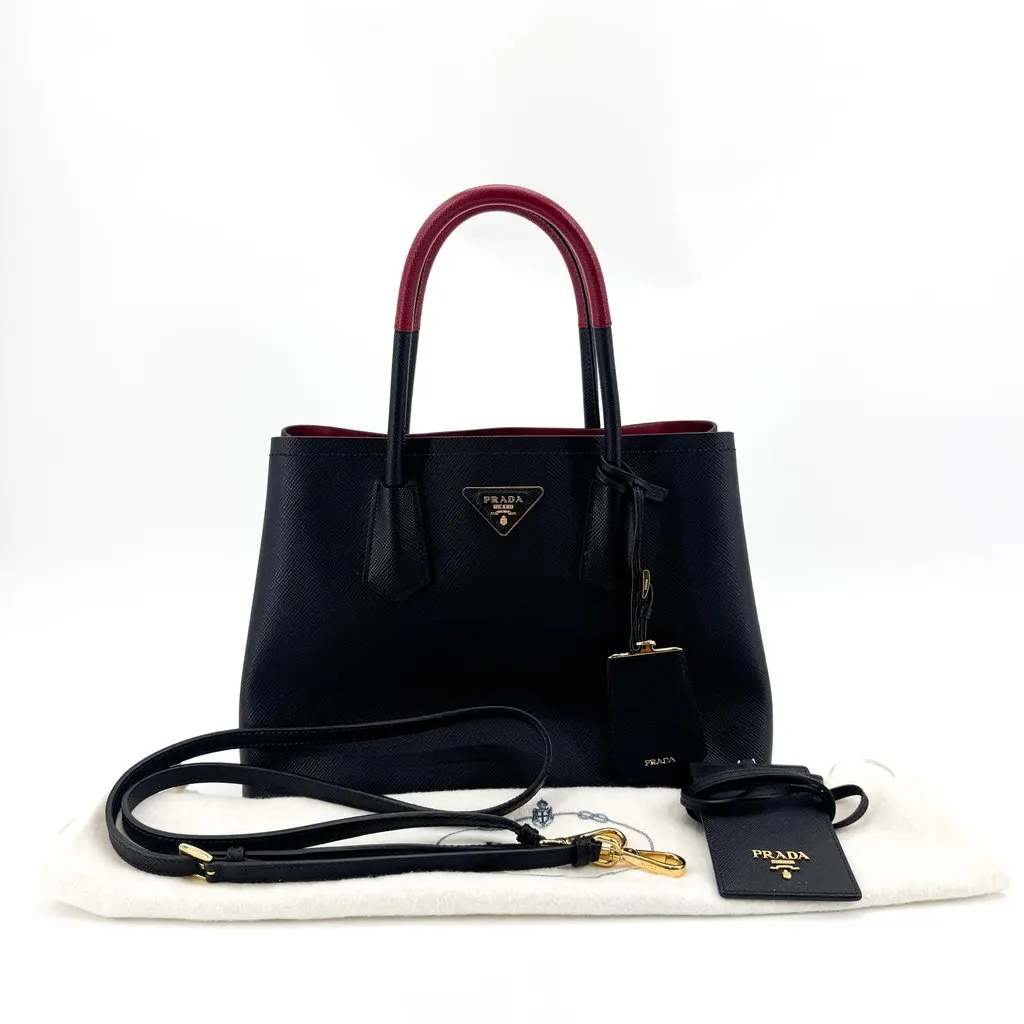 Prada Saffiano Double Medium Tote Bag in Black and Red Black Leather Very good - Back View