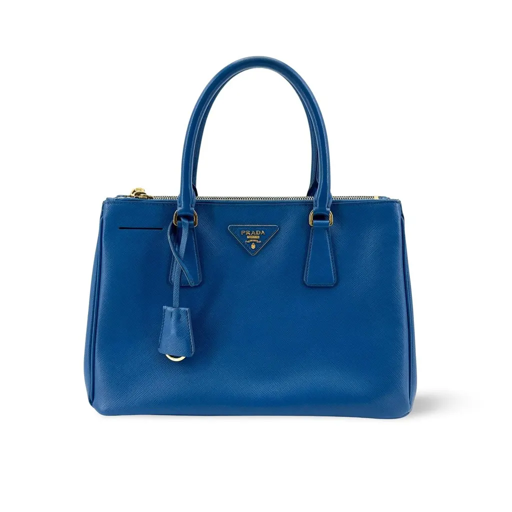 Prada Saffiano Galleria Medium Tote Bag Blue Gold Blue Leather Good - Front View