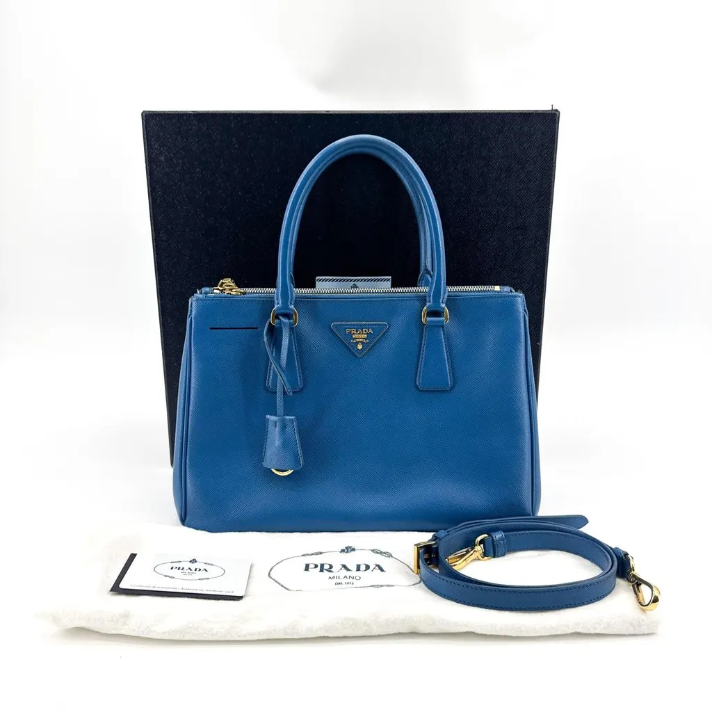 Prada Saffiano Galleria Medium Tote Bag Blue Gold Blue Leather Good - Back View
