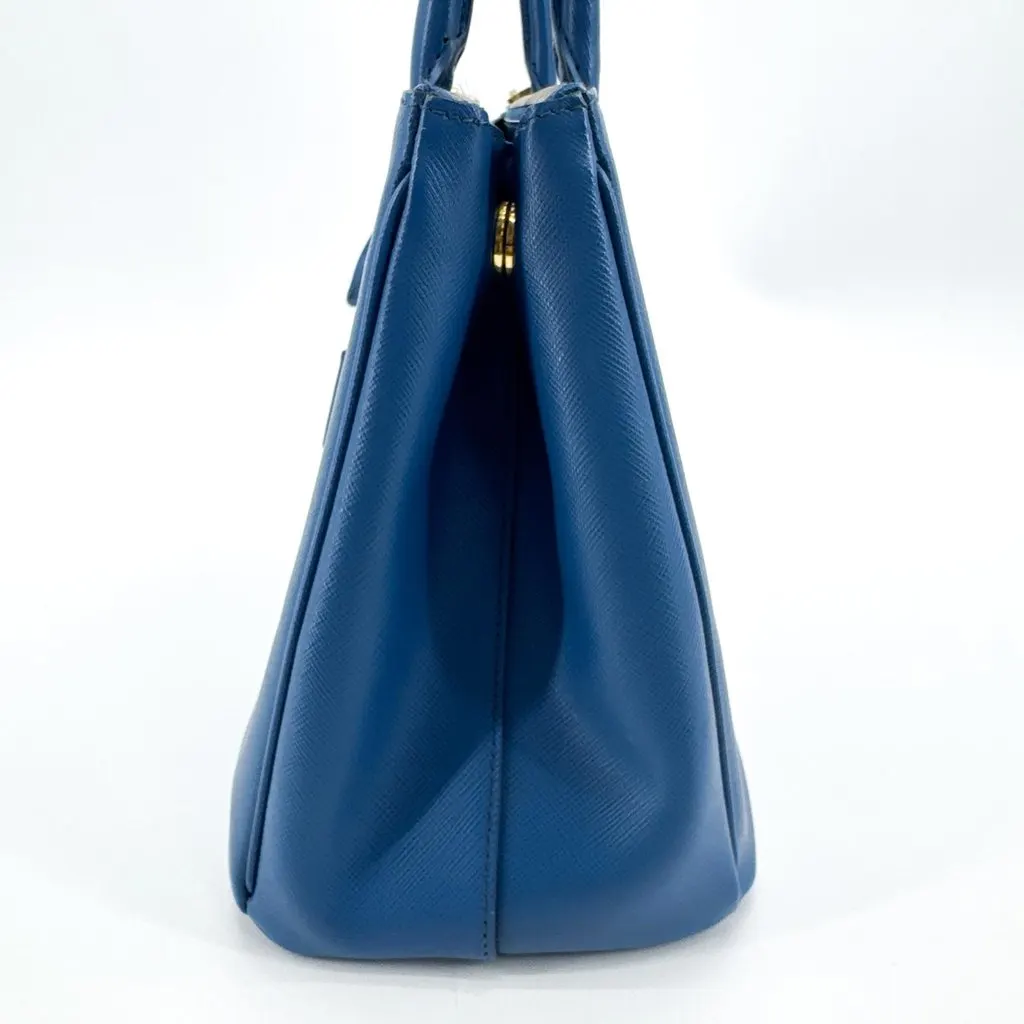 Prada Saffiano Galleria Medium Tote Bag Blue Gold Blue Leather Good - Model View