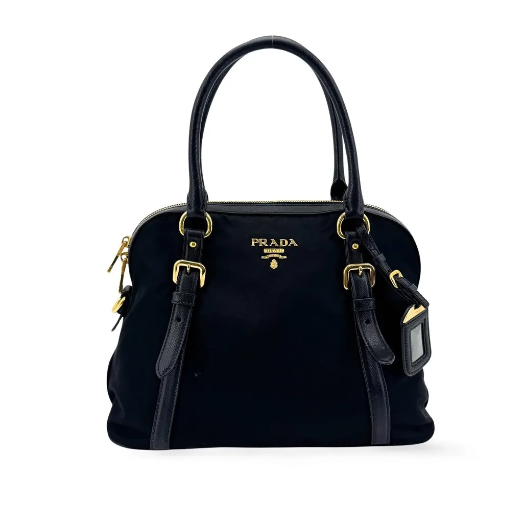 Prada Tessuto Saffiano Dome Tote Bag Black Gold Black Polyamide Very good - Front View