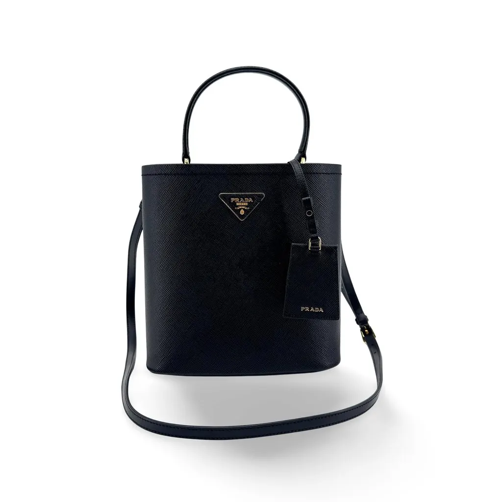 Prada Small Saffiano Leather Panier Bag Black Black Leather Good - Front View